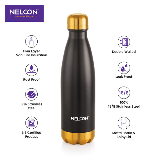 Cola Black Electro Gold-Toned Insulated Stainless Steel Bottle 500ml