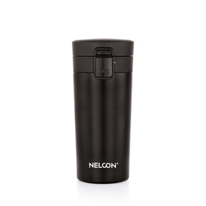 Flagon Insulated Mugs & Tumbler | Double Wall Stainless Steel | Hot & Cold | Leak-Proof Lid | Handle-Free Design (400ml, Black)
