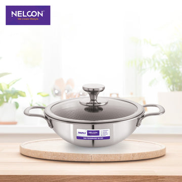Triply Stainless Steel Kadai Induction Base Glass Lid 20cm
