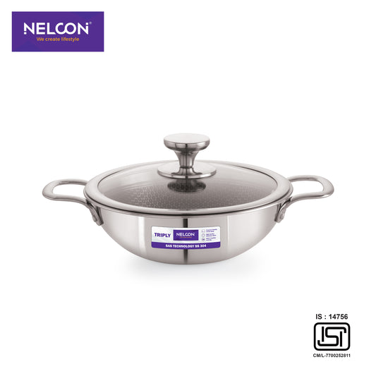 Triply Stainless Steel Kadai Induction Base Glass Lid 20cm