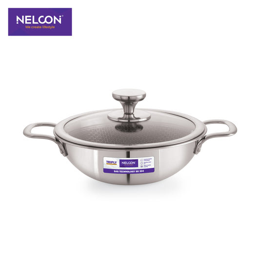 Triply Honeycomb Stainless Steel Kadai Glass Lid Induction Base 22cm
