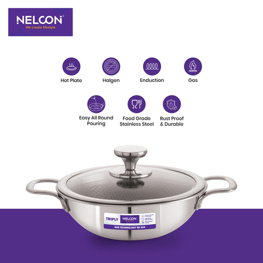 Triply Honeycomb Stainless Steel Kadai Induction Glass Lid 24cm