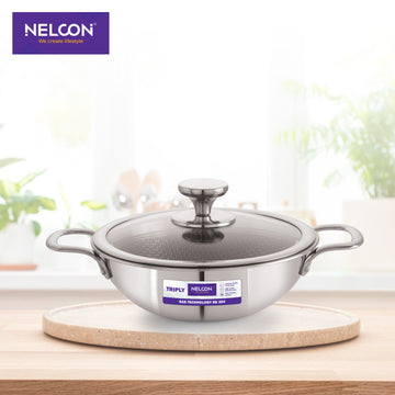 Triply Honeycomb Stainless Steel Kadai Induction Glass Lid 24cm