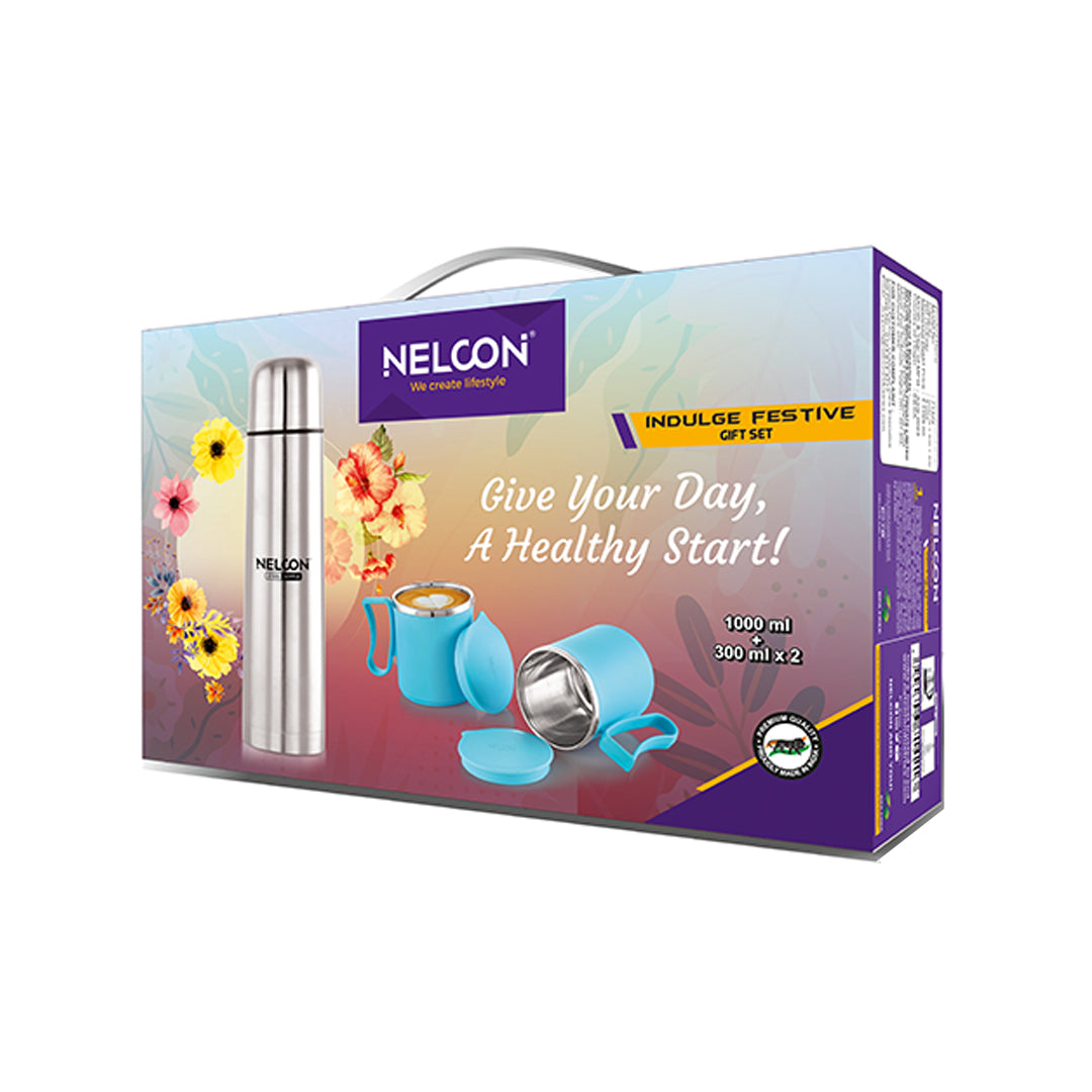 Nelcon Indulge Festive Gift Set (1pc Flask 1000ml +2pc Flute Cup 300ml)