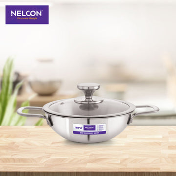 Triply Stainless Steel Kadai Induction Base & Glass Lid 24cm