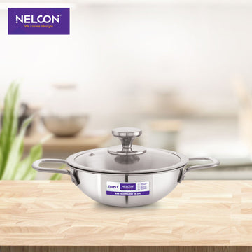 Triply Stainless Steel Kadai Large Glass Lid & Induction Base 26cm