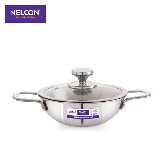 Triply Stainless Steel Kadai Large Glass Lid & Induction Base 26cm