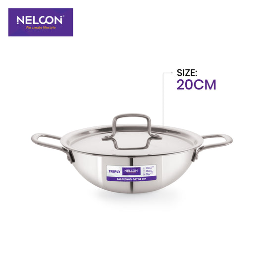 Triply Stainless Steel Kadai Induction Base Stainless Steel Lid 20cm