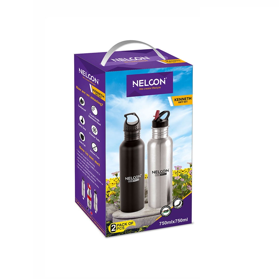 Nelcon Kenneth gift set (1pc sprinkle black 750 ml + sprinkle 750 ml steel sipper), 750ml x 2