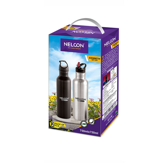 Nelcon Kenneth gift set (1pc sprinkle black 750 ml + sprinkle 750 ml steel sipper), 750ml x 2