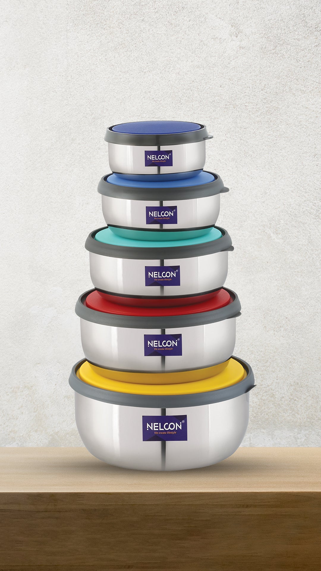 Nelcon 10 Pcs Push & Lock Bowl Set with colour lids & Steel containers