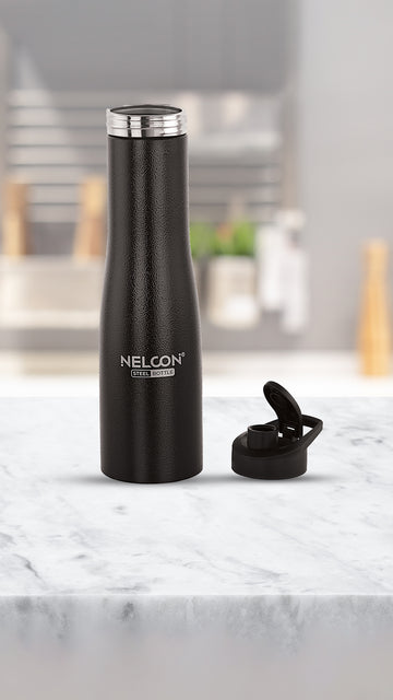 Nelcon Rio black water bottle stainless steel with sipper cap, 1000ml