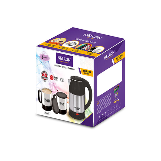 Nelcon Rylan gift set (1pc electeric kettle flambeau black 1.8 l + 2 pc oxy black), 1800ml + 170ml x 2