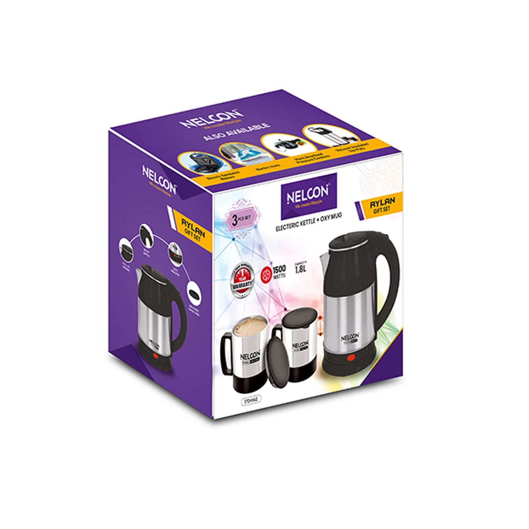 Nelcon Rylan gift set (1pc electeric kettle flambeau black 1.8 l + 2 pc oxy black), 1800ml + 170ml x 2