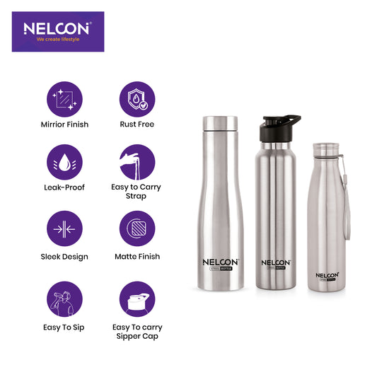 ShineFusion Silver 3pc Stainless Steel Bottle Gift Set