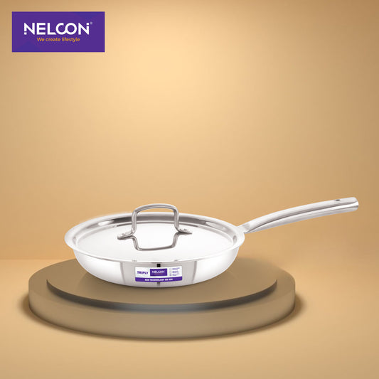 Triply Stainless Steel Fry Pan Induction Base Stainless Steel Lid Pipe Handle 24cm