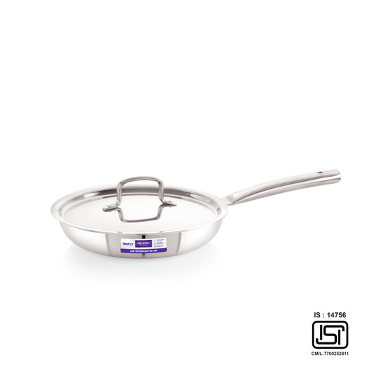 Triply Stainless Steel Fry Pan Induction Base Stainless Steel Lid Pipe Handle 24cm