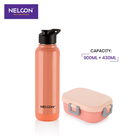 Neo Steel X Aura Combo Set - Peach (900ml Bottle + 1 PC TIFFIN)