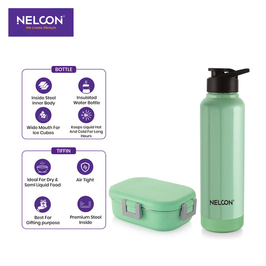 Neo Steel X Aura Combo Set - Sea Green (900ml Bottle + 1 PC TIFFIN)