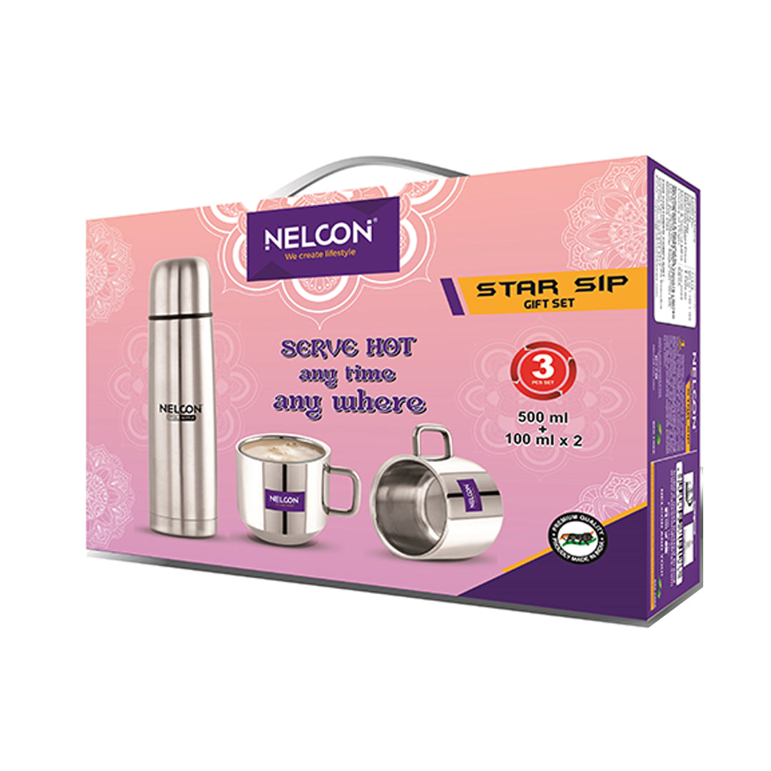 Nelcon Star sip gift set (1pc flask 500ml + 2pc tea cup ), 500ml + 100ml x 2