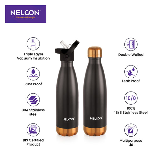 ZestCharge Black 500ml Stainless Steel Bottle 2pc Gift Set