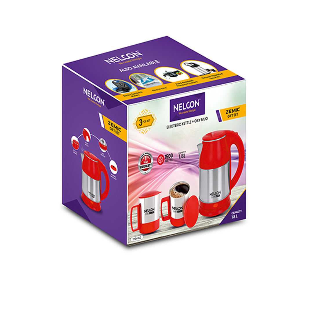 Nelcon Zemic gift set (1pc electeric kettle flambeau red 1.8 l + 2 pc oxy red), 1800ml + 170ml x 2