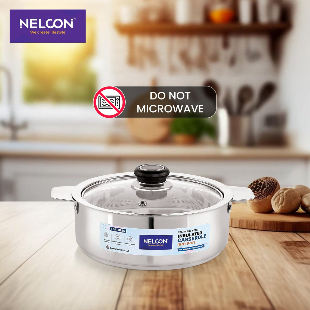 Crystin Insulated Stainless Steel Casserole Glass Lid - 1400ml - NelconIndustries
