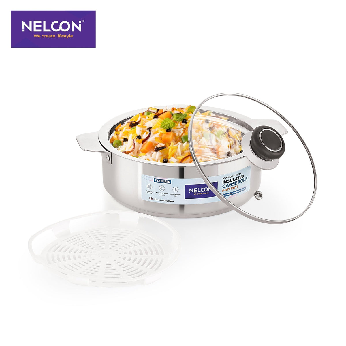 Crystin Insulated Stainless Steel Casserole Glass Lid - 1800ml - NelconIndustries