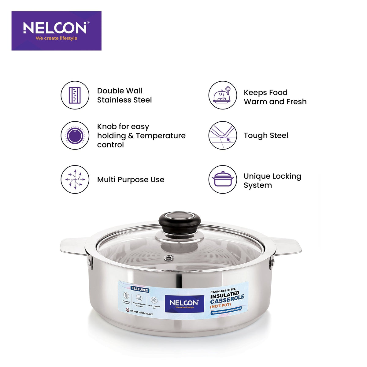 Crystin Insulated Stainless Steel Casserole Glass Lid - 1800ml - NelconIndustries