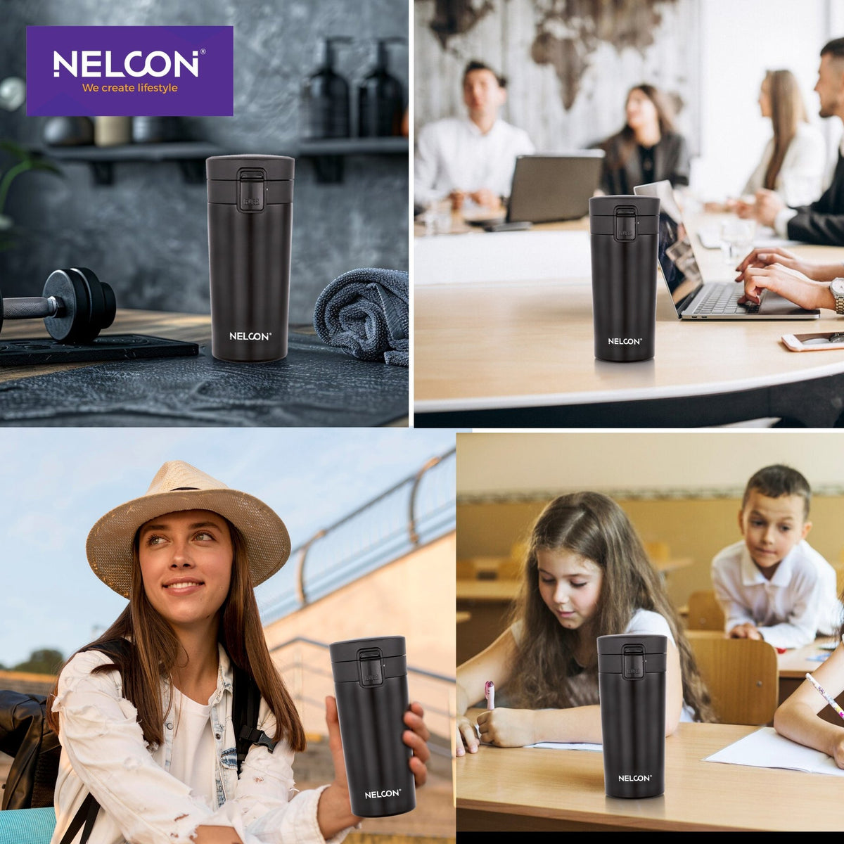 Flagon Insulated Mugs & Tumbler | Double Wall Stainless Steel | Hot & Cold | Leak-Proof Lid | Handle-Free Design (400ml, Black) - NelconIndustries
