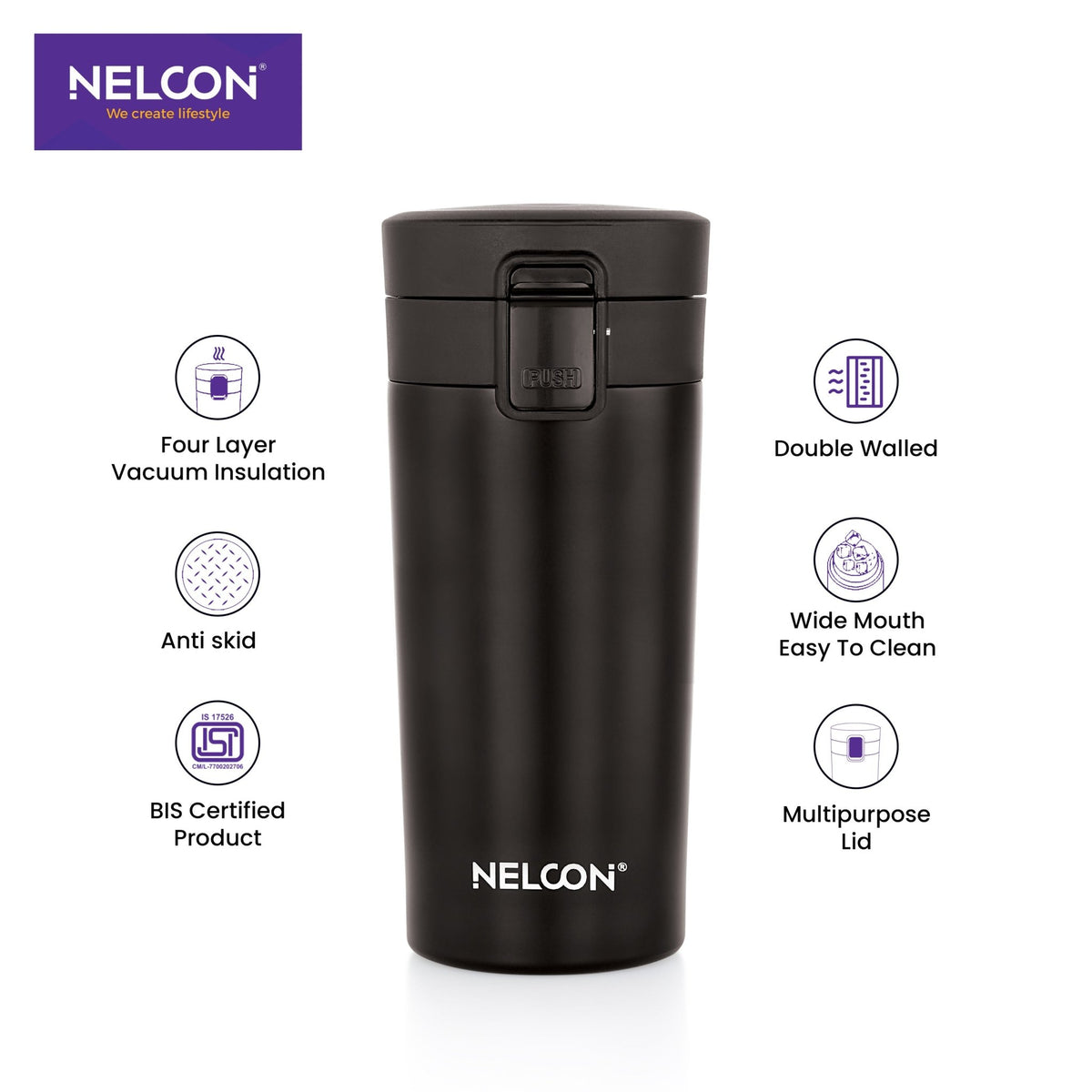 Flagon Insulated Mugs & Tumbler | Double Wall Stainless Steel | Hot & Cold | Leak-Proof Lid | Handle-Free Design (400ml, Black) - NelconIndustries