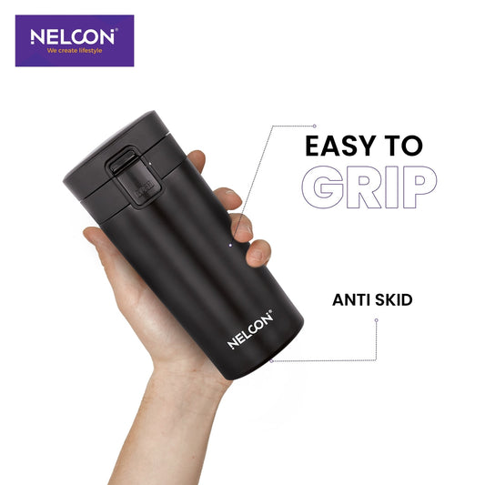 Flagon Insulated Mugs & Tumbler | Double Wall Stainless Steel | Hot & Cold | Leak-Proof Lid | Handle-Free Design (400ml, Black) - NelconIndustries