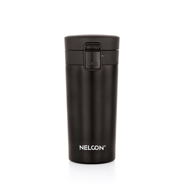 Flagon Insulated Mugs & Tumbler | Double Wall Stainless Steel | Hot & Cold | Leak-Proof Lid | Handle-Free Design (400ml, Black) - NelconIndustries