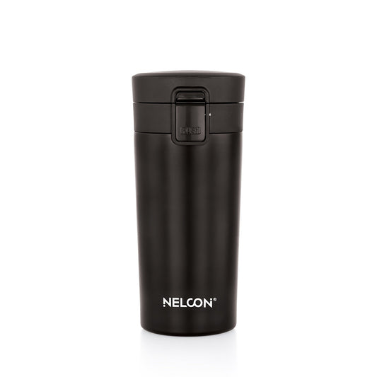 Flagon Insulated Mugs & Tumbler | Double Wall Stainless Steel | Hot & Cold | Leak-Proof Lid | Handle-Free Design (400ml, Black) - NelconIndustries
