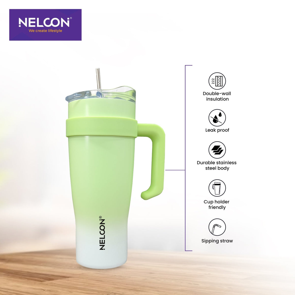 GripSip Vacuum Insulated Stainless Steel Tumbler Pastel Green White 1200ml - NelconIndustries