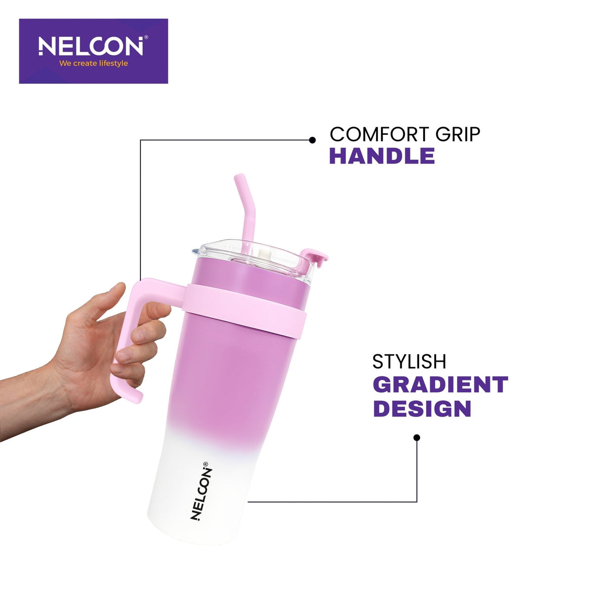 GripSip Vacuum Insulated Stainless Steel Tumbler Pink White 1200ml - NelconIndustries