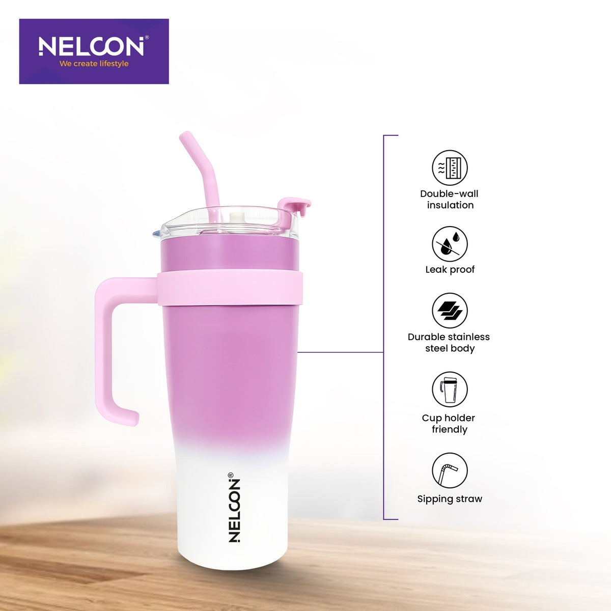 GripSip Vacuum Insulated Stainless Steel Tumbler Pink White 1200ml - NelconIndustries