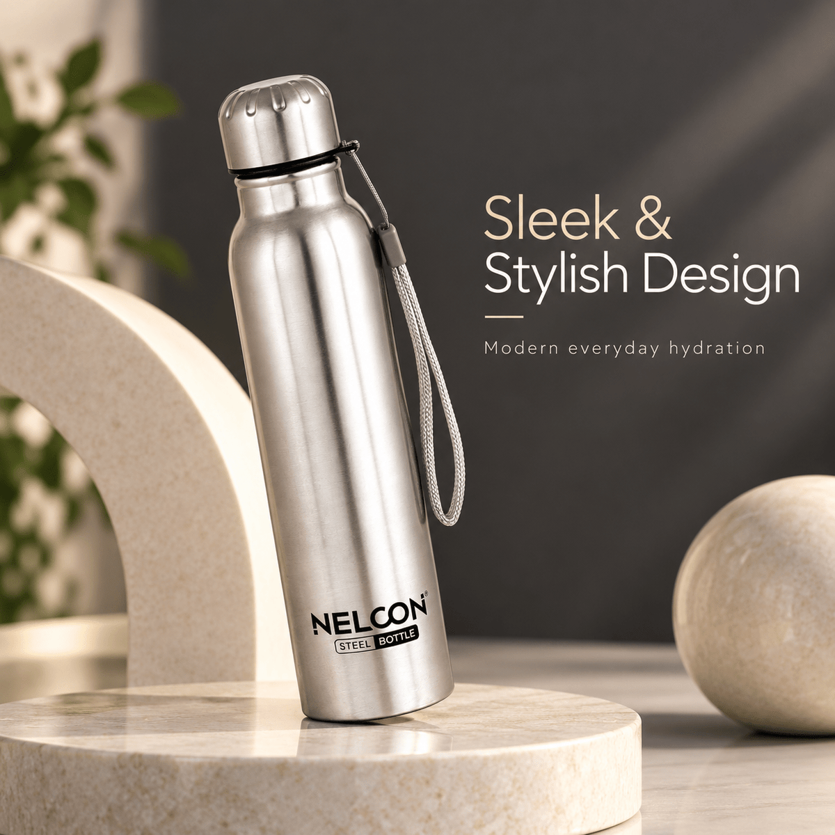 Nelcon Aquaslim Stainless Steel Water Bottle with Strap - Silver - Nelcon
