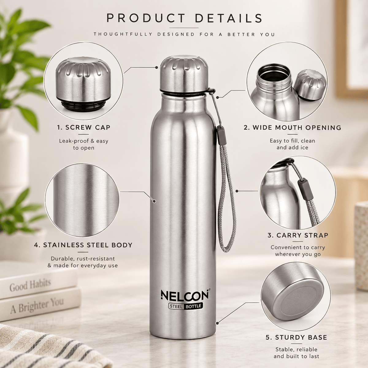 Nelcon Aquaslim Stainless Steel Water Bottle with Strap - Silver - Nelcon
