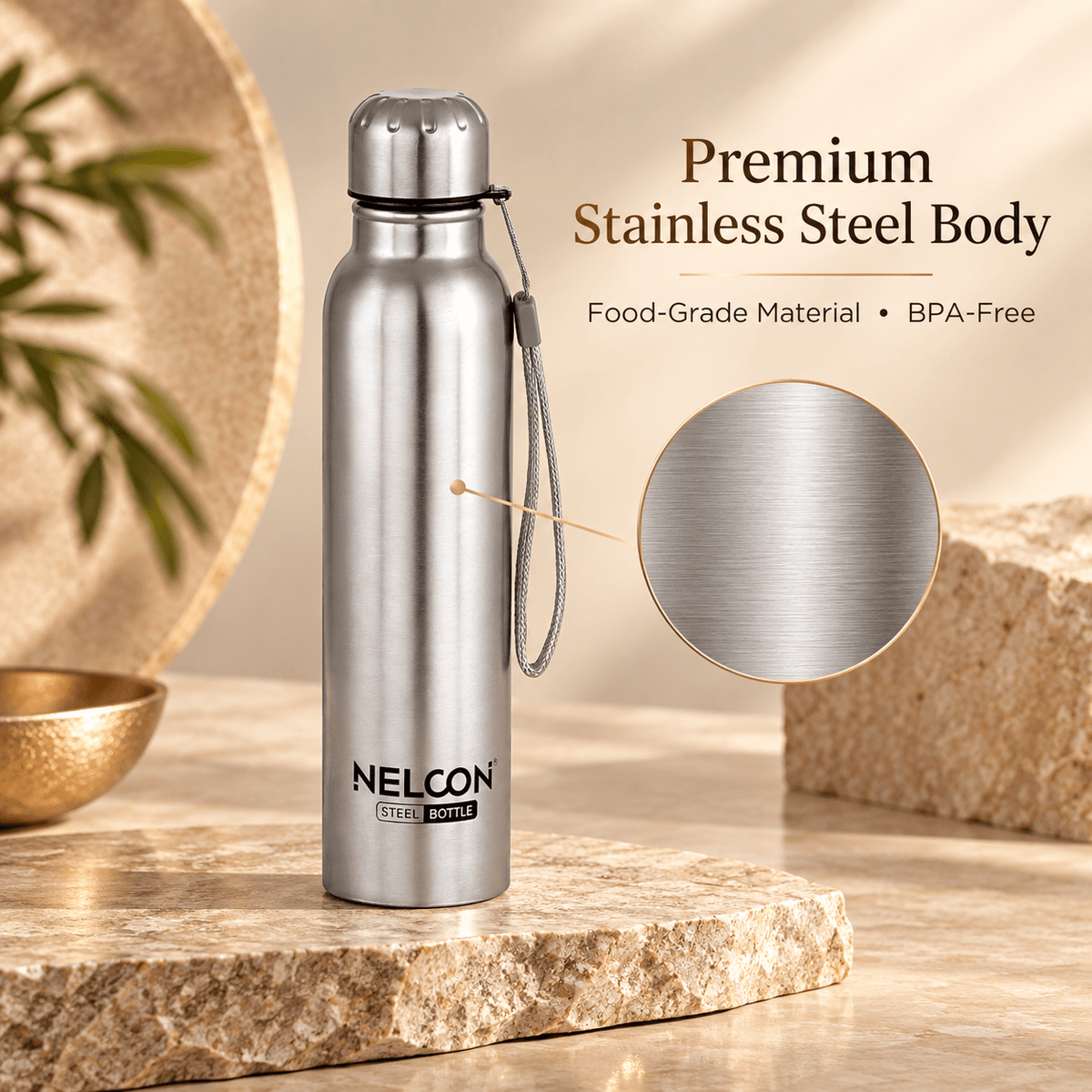 Nelcon Aquaslim Stainless Steel Water Bottle with Strap - Silver - Nelcon