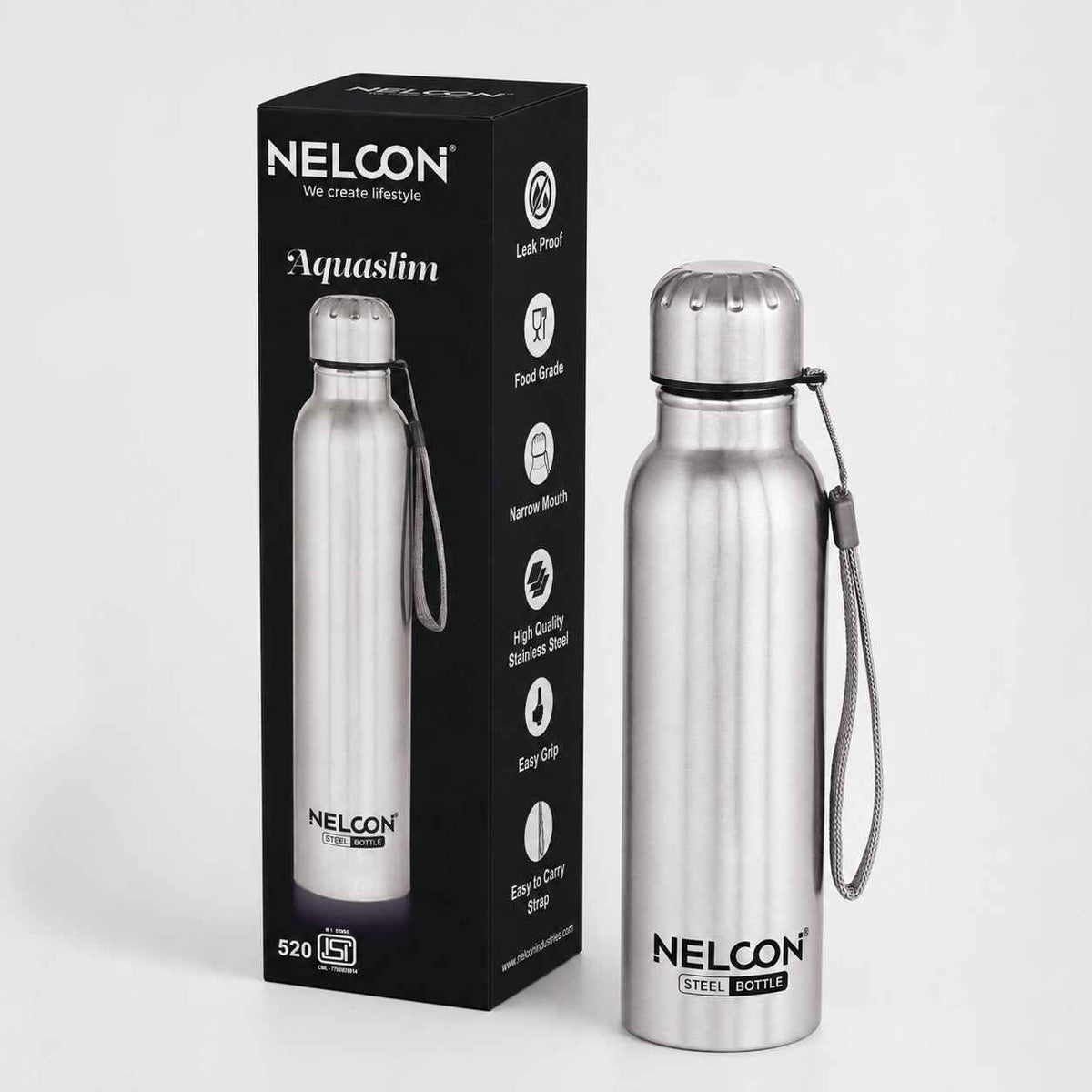 Nelcon Aquaslim Stainless Steel Water Bottle with Strap - Silver - Nelcon