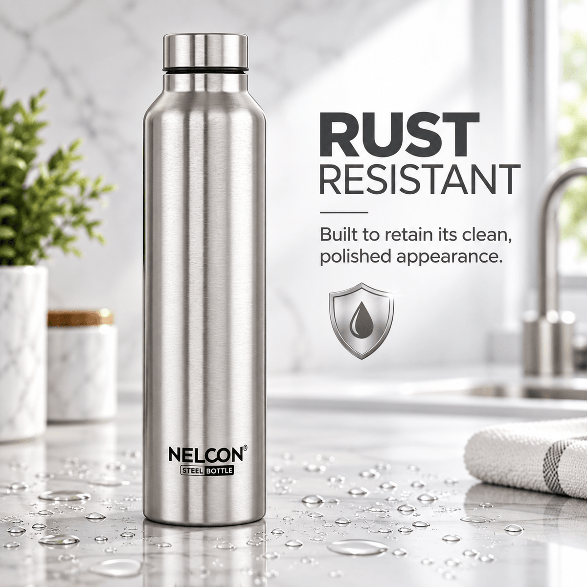 Nelcon Dew 1 litre silver stainless steel water bottle