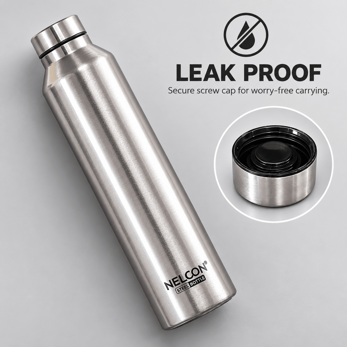 Nelcon Dew 1 litre silver stainless steel water bottle