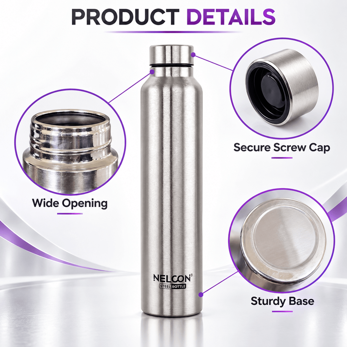 Nelcon Dew 1 litre silver stainless steel water bottle