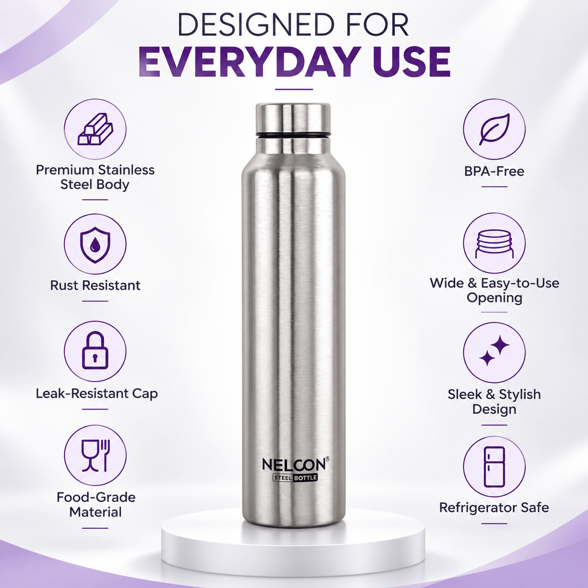 Nelcon Dew 1 litre silver stainless steel water bottle
