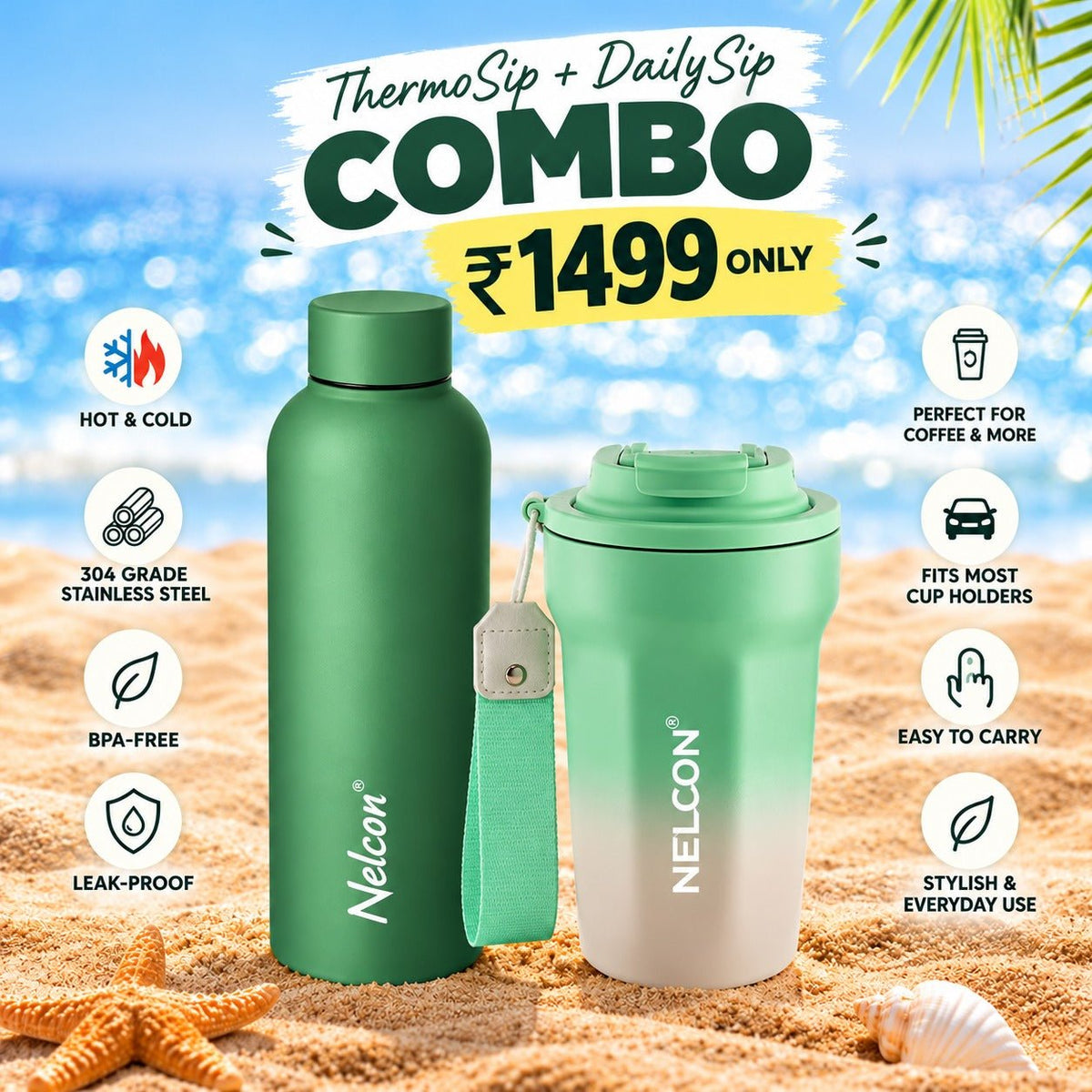 NELCON Pack of 2 – Thermosip Bottle + Dailysip Coffee Tumbler | Double Wall Insulated | 8 Hours Hot & Cold | Leak-Proof Design - NelconIndustries