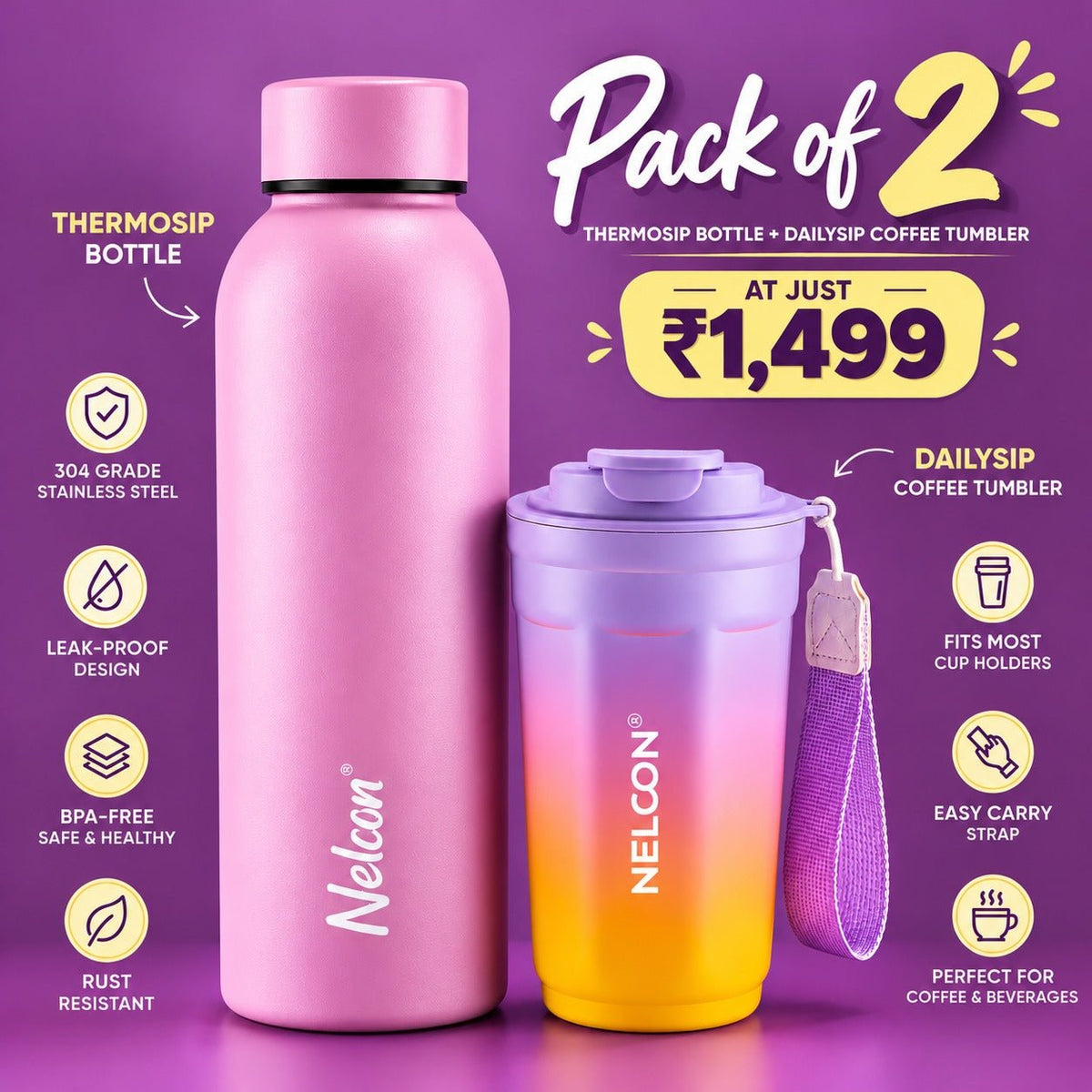 NELCON Pack of 2 – Thermosip Bottle + Dailysip Coffee Tumbler | Double Wall Insulated | 8 Hours Hot & Cold | Leak-Proof Design - NelconIndustries