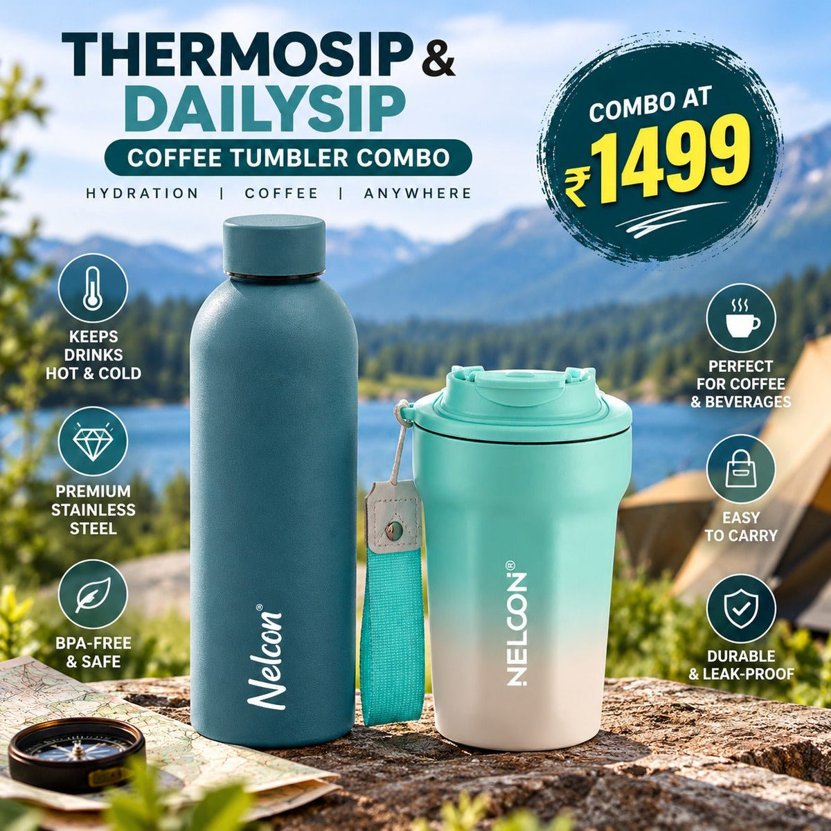 NELCON Pack of 2 – Thermosip Bottle + Dailysip Coffee Tumbler | Double Wall Insulated | 8 Hours Hot & Cold | Leak-Proof Design - NelconIndustries