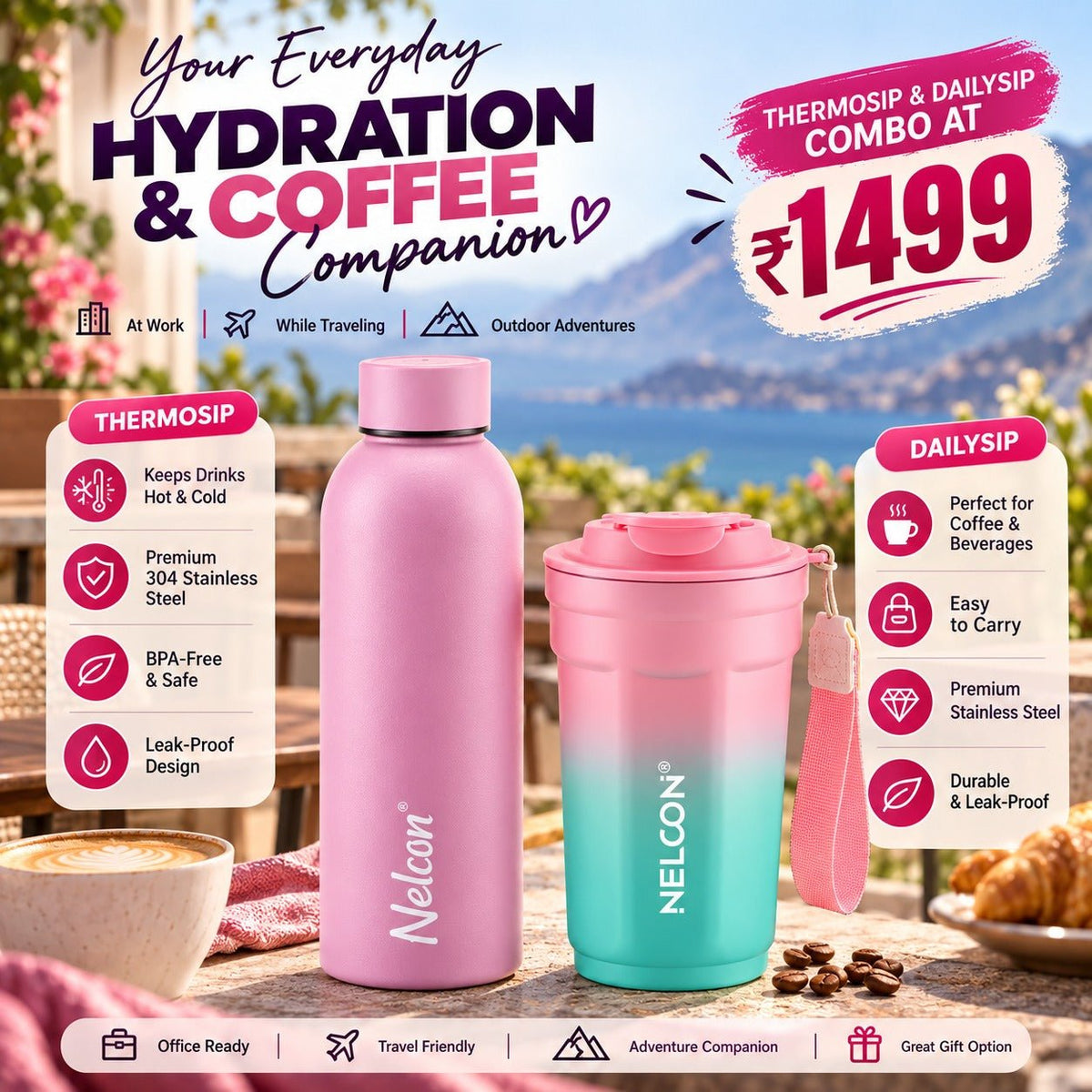 NELCON Pack of 2 – Thermosip Bottle + Dailysip Coffee Tumbler | Double Wall Insulated | 8 Hours Hot & Cold | Leak-Proof Design - NelconIndustries