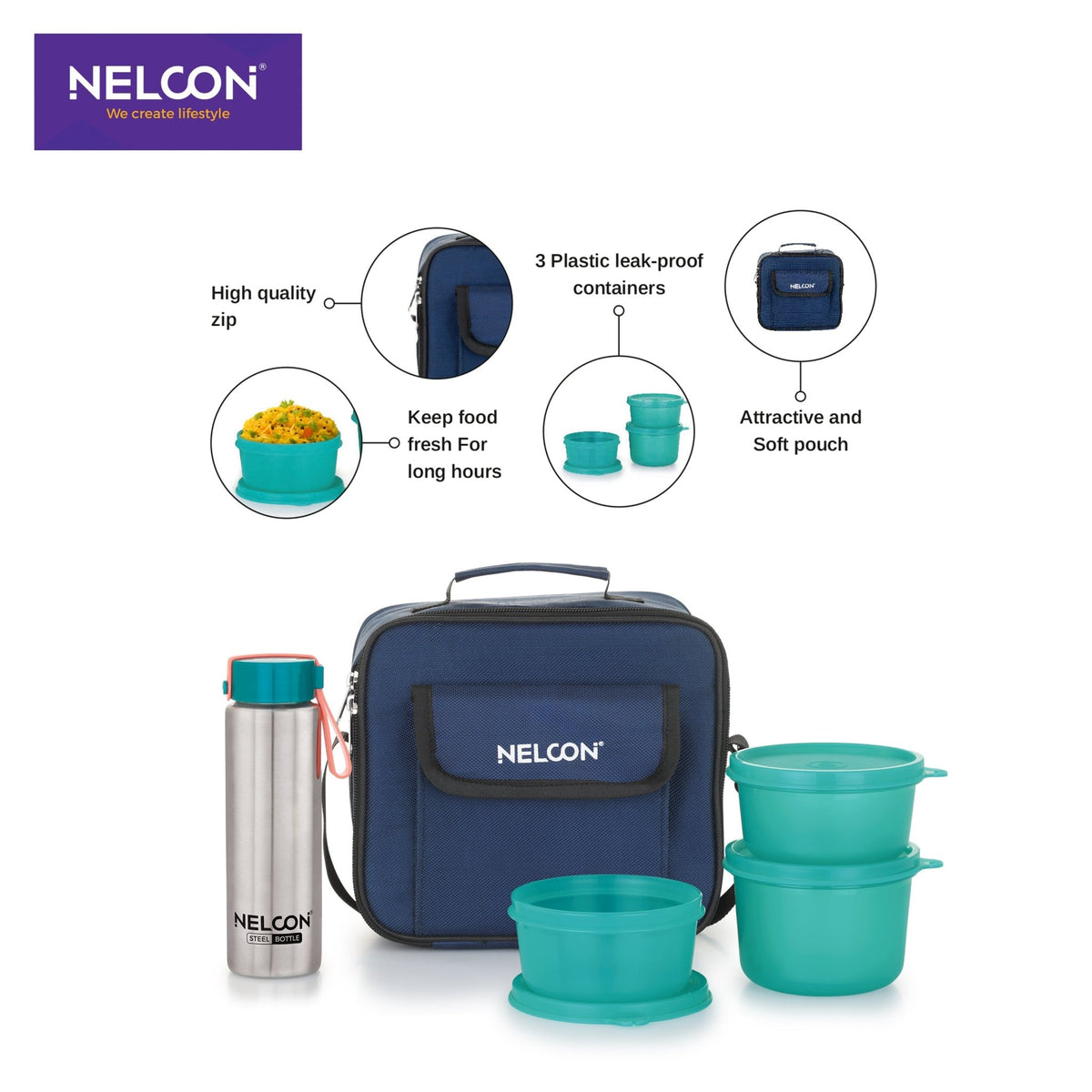 Rexo Lunch Bag with 350ml Bottle & 4 Tiffins - NelconIndustries